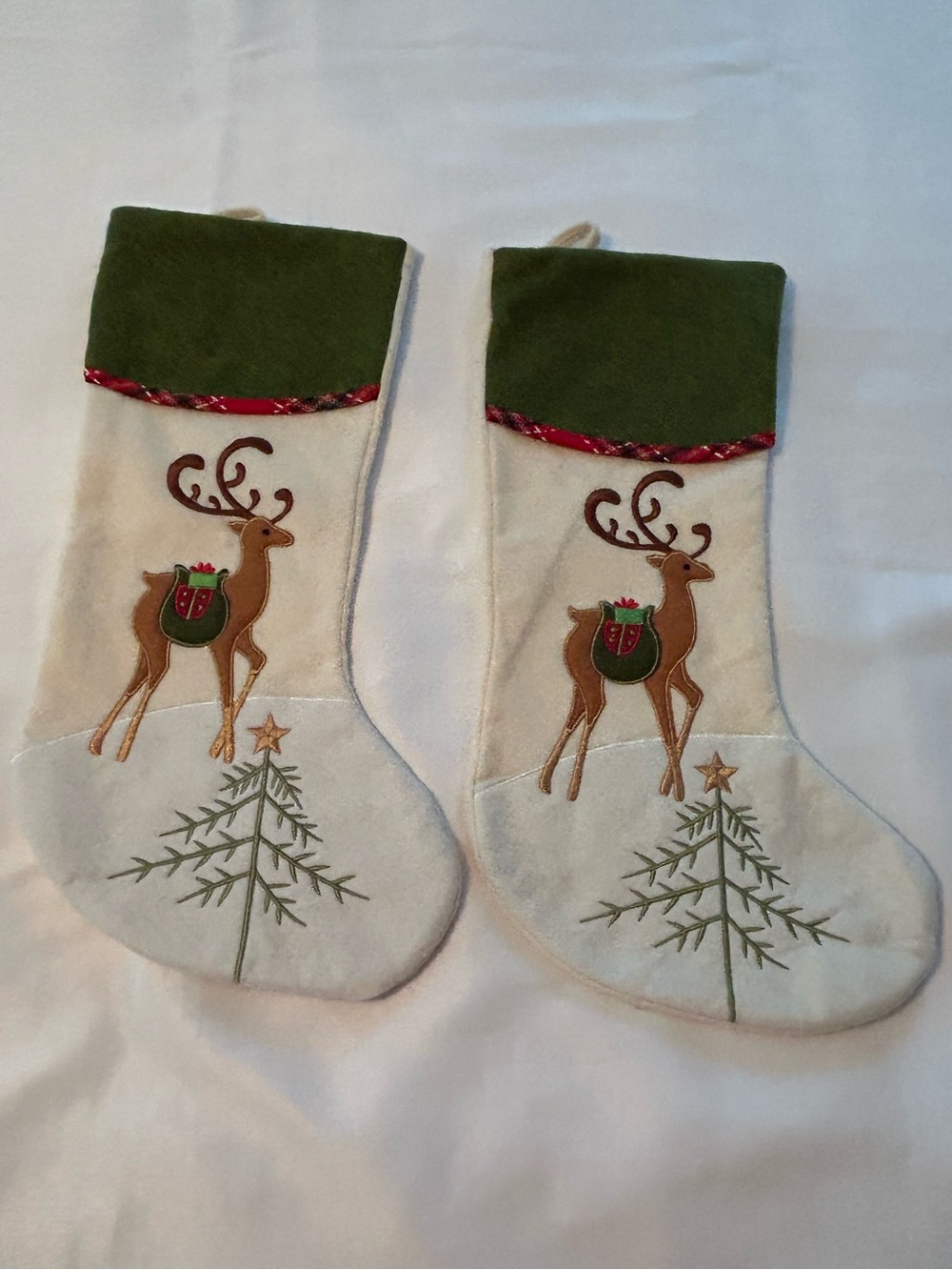Set of 2 reindeer green and white  felt holiday Christmas stockings